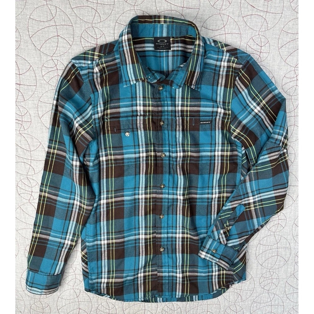 Oakley Mens Flannel Button Front Shirt‎ Sz Small Plaid Green Polyester